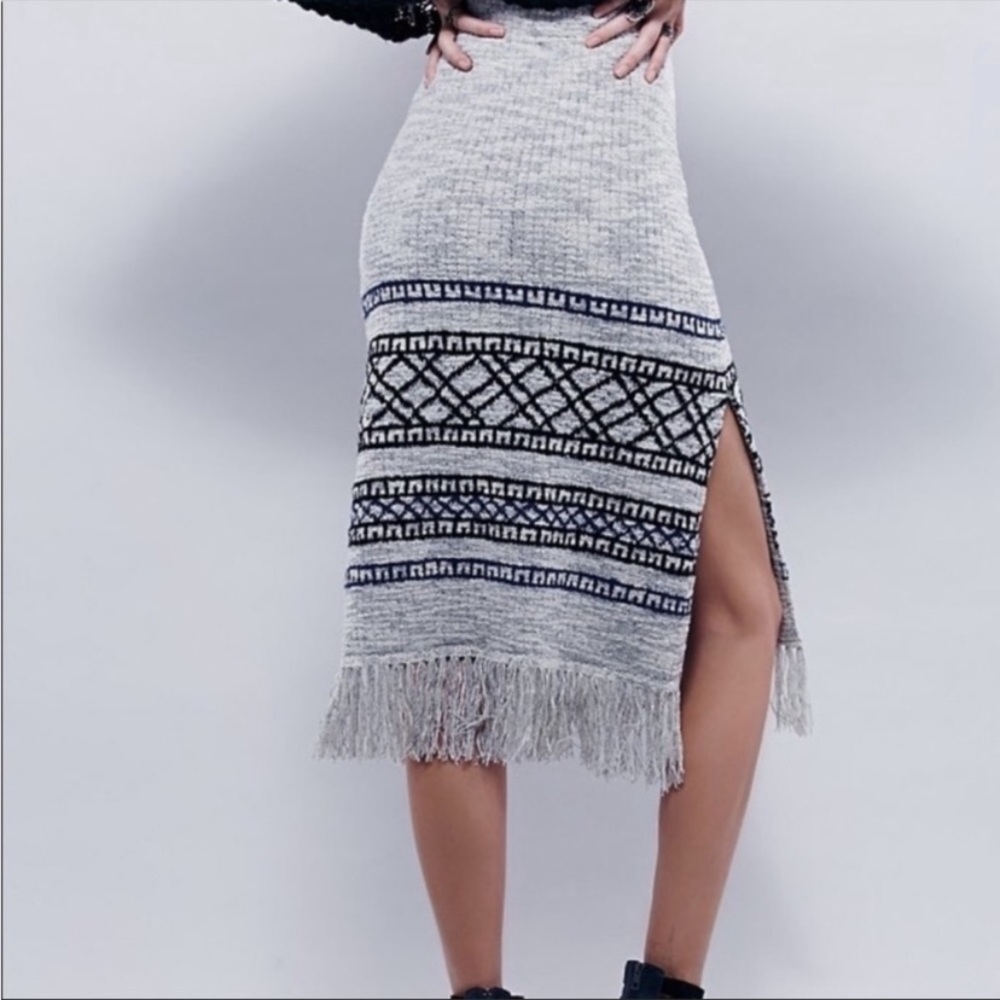 Free people sweater skirt, Large, gray with black and navy blue Aztec design